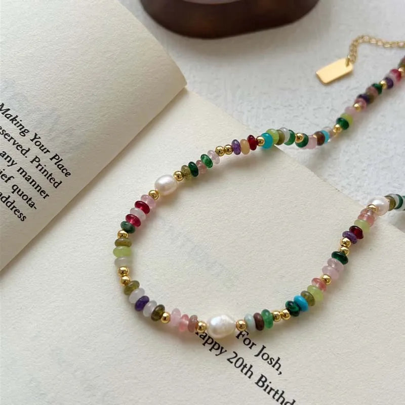 Boho Colorful Beaded Necklace – Handmade Pearl & Gemstone Choker Jewelry for Women, Trendy Vintage Layering Necklace Gift