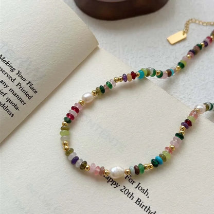 Boho Colorful Beaded Necklace – Handmade Pearl & Gemstone Choker Jewelry for Women, Trendy Vintage Layering Necklace Gift