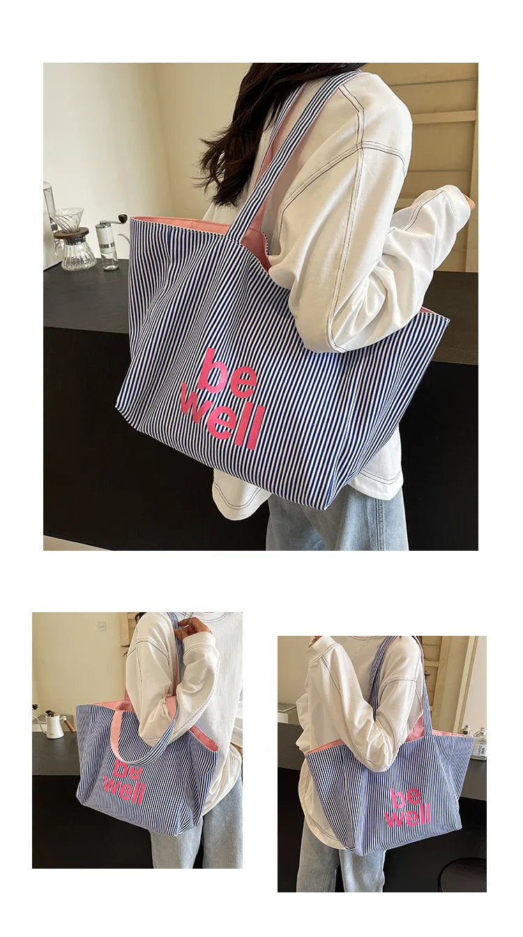 Striped Canvas Tote Bag – Cute Large Capacity Shoulder Bag for Women