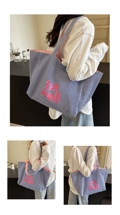 Striped Canvas Tote Bag – Cute Large Capacity Shoulder Bag for Women