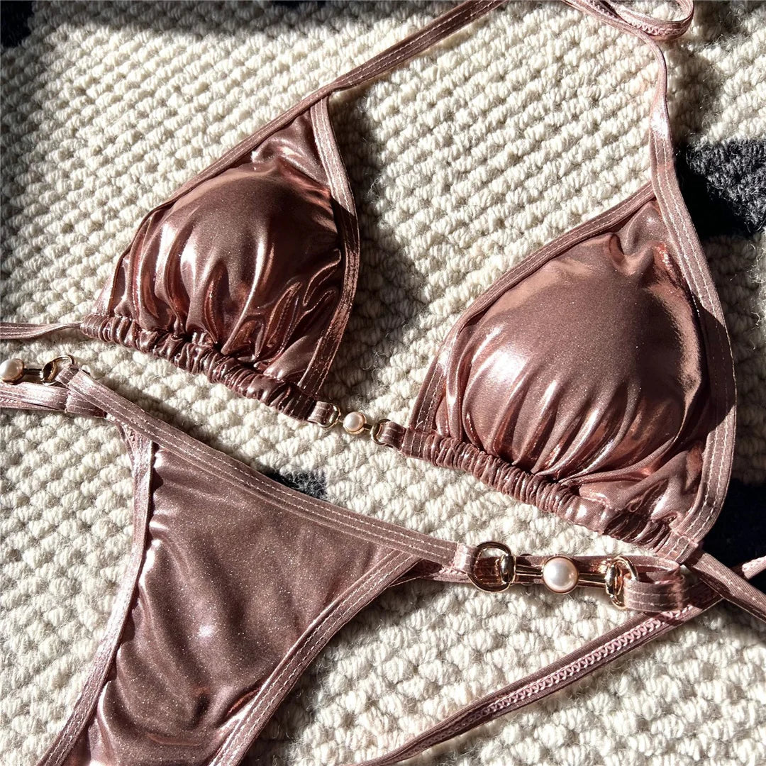 PU Faux Leather Halter Thong Bikini Set Women Two Piece Swimsuit Y2K Festival Swimwear