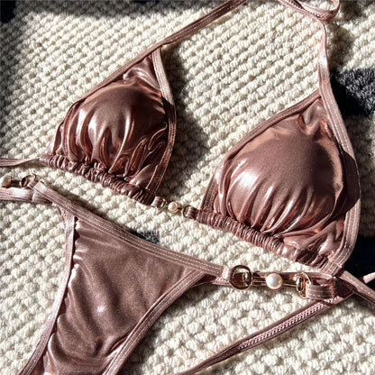 PU Faux Leather Halter Thong Bikini Set Women Two Piece Swimsuit Y2K Festival Swimwear