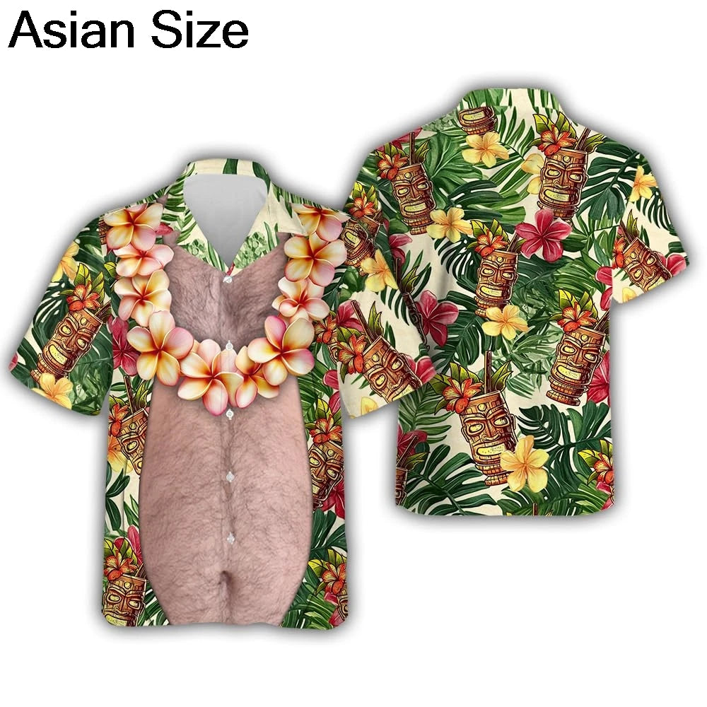 Funny Big Belly Hawaiian Shirt Y2K Tropical Vacation Button Down Top