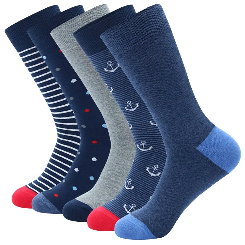 5 Pairs Men’s Dress Crew Socks Set – Classic Patterned Business Casual Socks