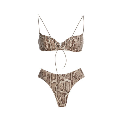 Snake Print Lace Up Bikini Set Women Strappy Swimsuit with Skirt Resort Beachwear