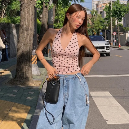 Polka Dots Tank Tops Women Sexy Low-Neck Off Shoulders Backless Street Fashion Versatile Style Ruched Elegant Outfits