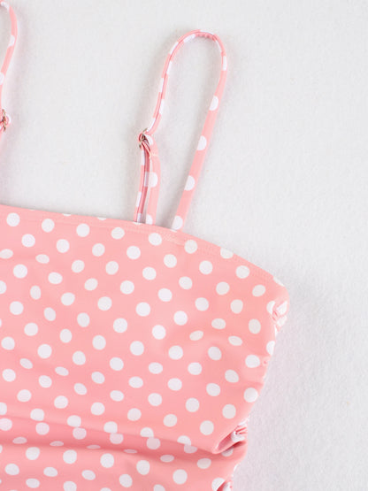 Pink Polka Dot High Cut Bikini Set Women Retro Ruched Swimwear Beach Outfit