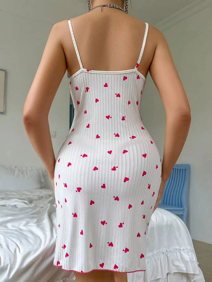 Cute Strawberry Pajama Dress – Women’s Spaghetti Strap Sleepwear Nightdress with Lace Trim Summer Loungewear