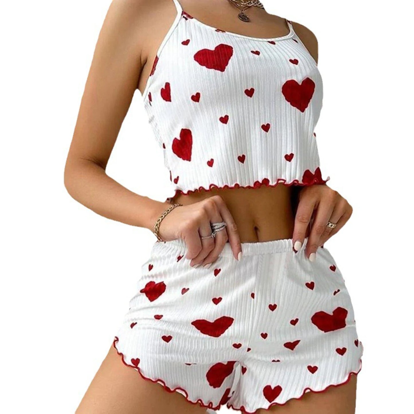 Cute Heart Print Pajama Romper – Women’s Sleeveless Summer Lounge Wear