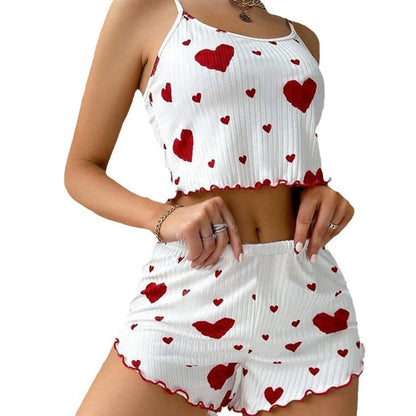 Cute Heart Print Pajama Romper – Women’s Sleeveless Summer Lounge Wear