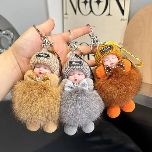 Cute Sleeping Baby Keychain – Fluffy Pom Pom Doll Bag Charm