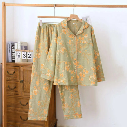 2026 Women’s Cotton Crepe Pajama Set – Floral Long Sleeve Sleepwear with Trousers, Soft Spring Summer Homewear