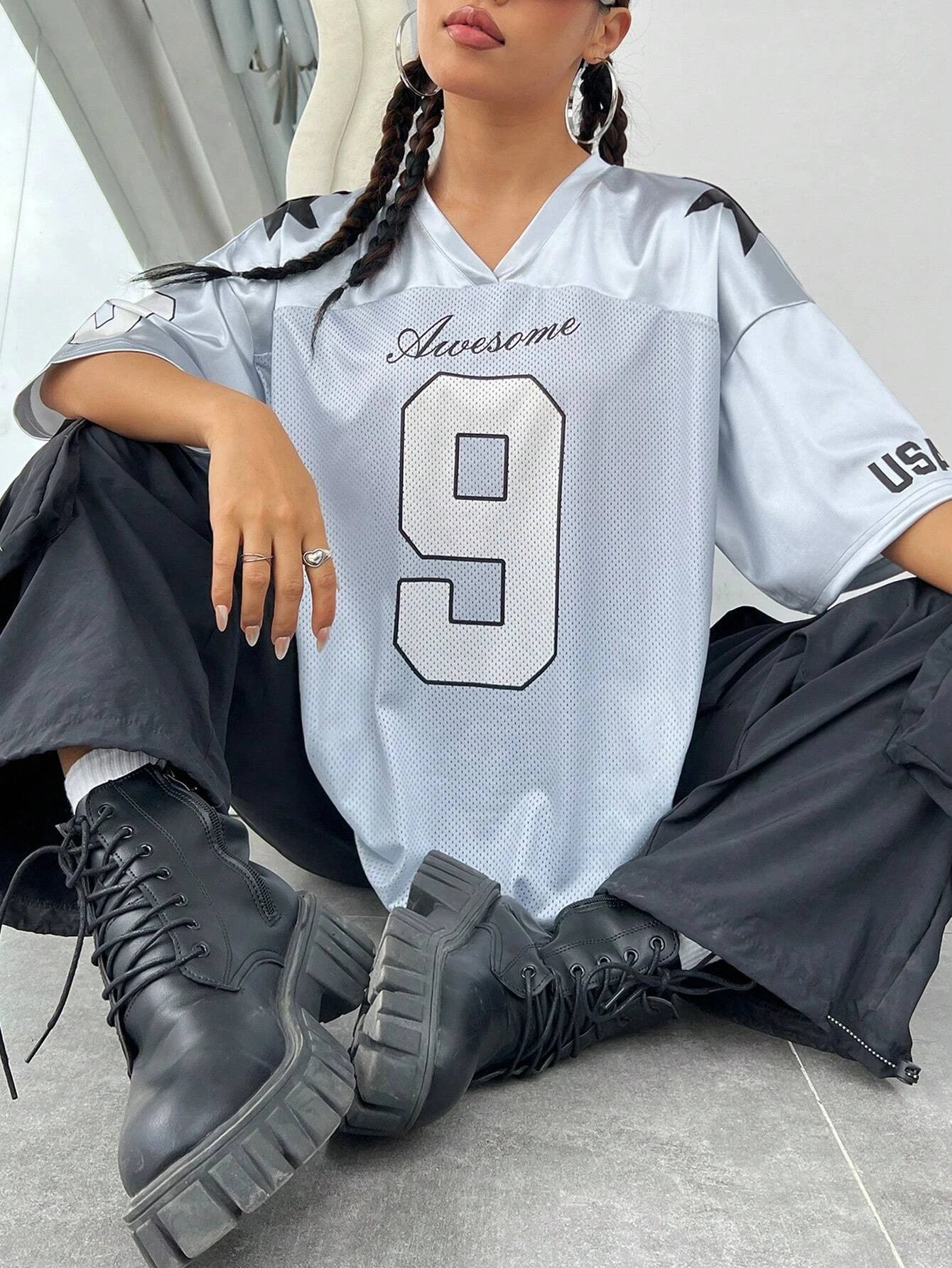 2026 New York No.9 Oversized Jersey T-Shirt Women V-Neck Sport Style Breathable Summer Streetwear Tee