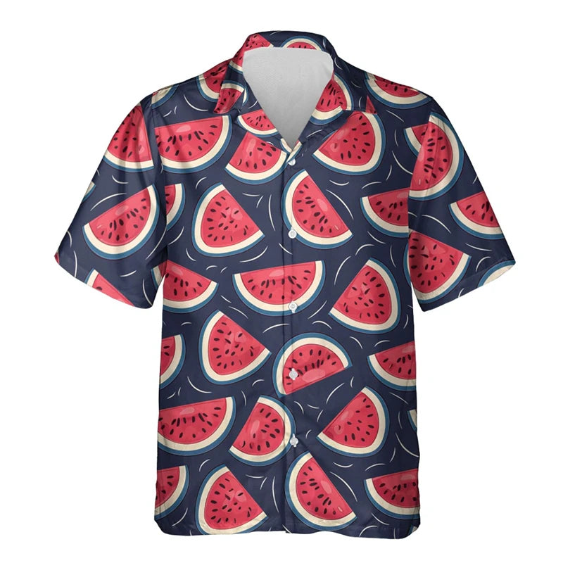Watermelon Graphic Hawaiian Shirt 3D Fruit Print Summer Button Up Top