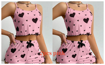 Cute Heart Print Pajama Romper – Women’s Sleeveless Summer Lounge Wear