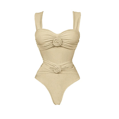 2026 White Flower One Piece Swimsuit Women Deep V Push Up Bandeau Beachwear
