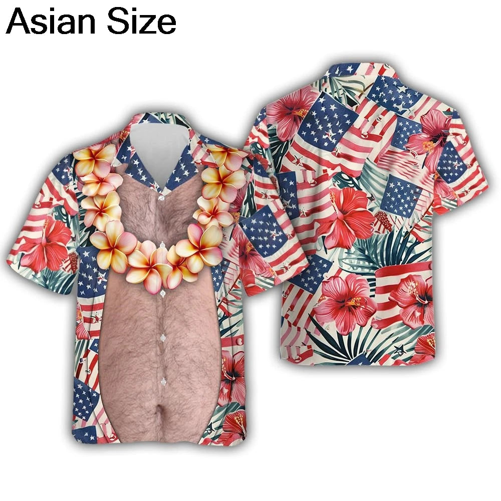 Funny Big Belly Hawaiian Shirt Y2K Tropical Vacation Button Down Top