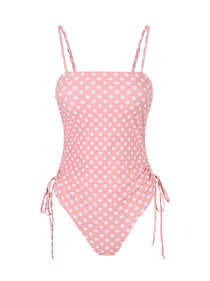 Pink Polka Dot High Cut Bikini Set Women Retro Ruched Swimwear Beach Outfit