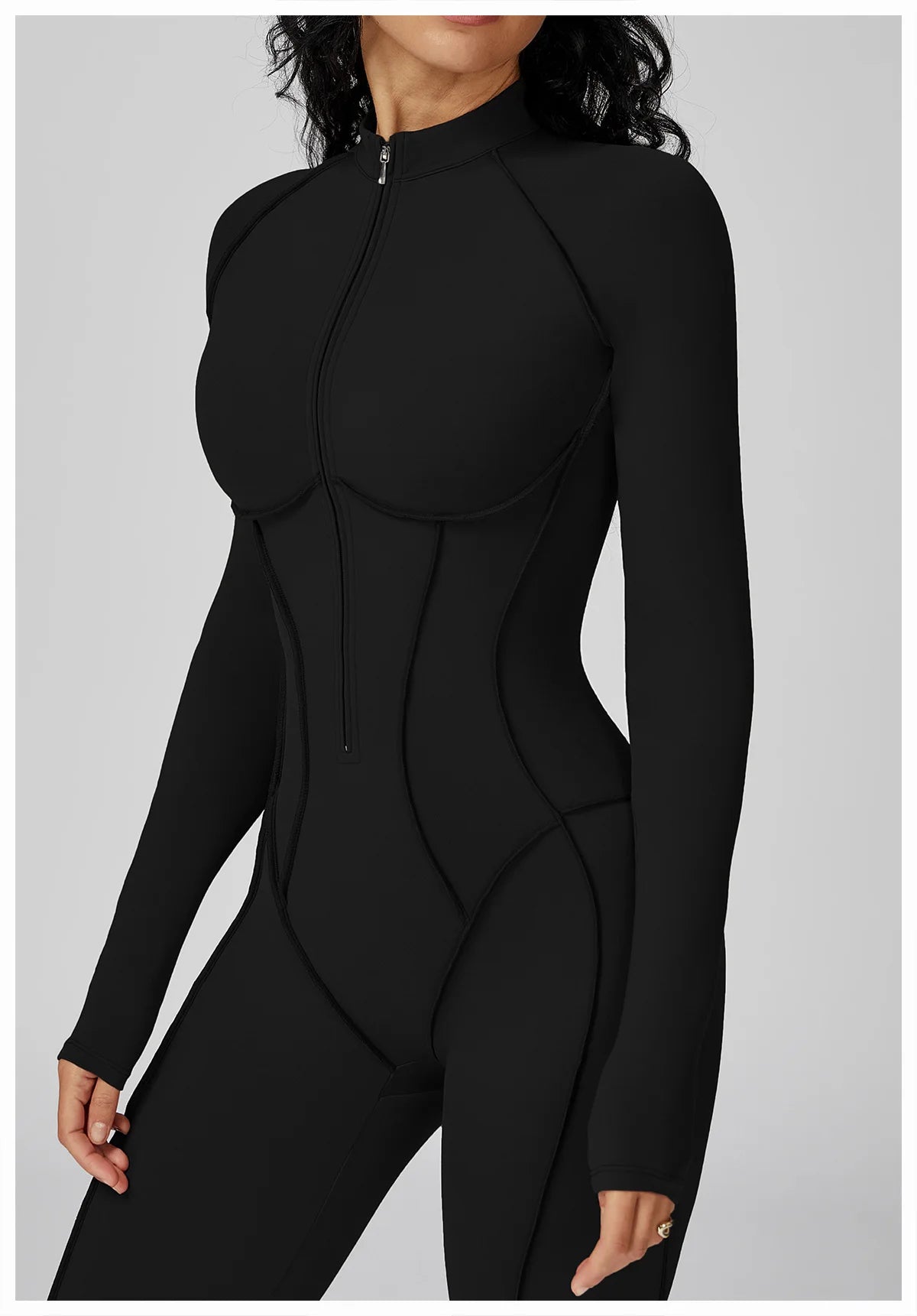 Chocolate Brown Sculpting Zip-Front Long Sleeve Jumpsuit