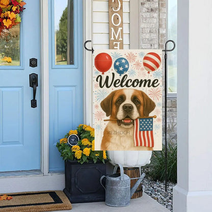 4th of July Patriotic Garden Flag Welcome Funny Saint Bernard Dog Independence Memorial Day Yard Flags for Outside