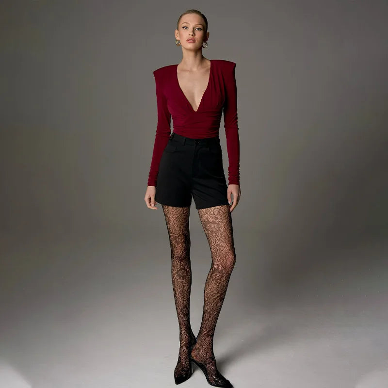 Women's Bodysuits Solid Regular Long Sleeves Deep V-Neck Basic Tops Skinny Streetwear Slim Fit Female T Shirts