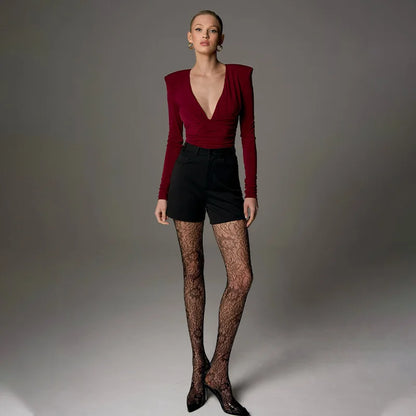 Women's Bodysuits Solid Regular Long Sleeves Deep V-Neck Basic Tops Skinny Streetwear Slim Fit Female T Shirts