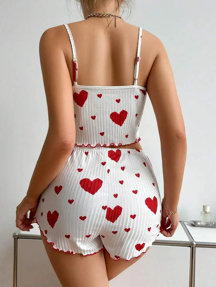 Cute Heart Print Pajama Romper – Women’s Sleeveless Summer Lounge Wear
