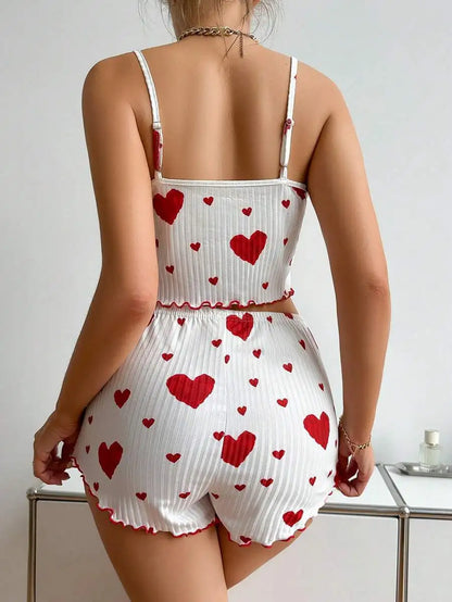 Cute Heart Print Pajama Romper – Women’s Sleeveless Summer Lounge Wear