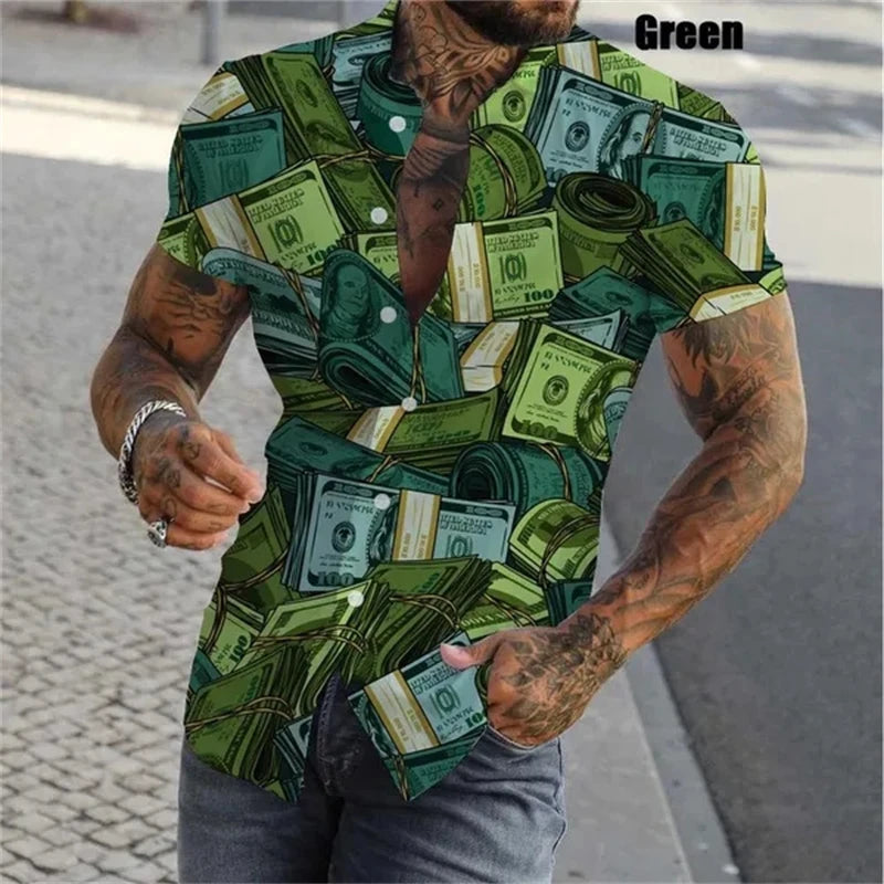 Dollar Print Hawaiian Shirt Men 3D Graphic Summer Button Up Streetwear Top