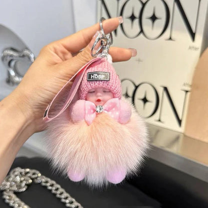 Cute Sleeping Baby Keychain – Fluffy Pom Pom Doll Bag Charm