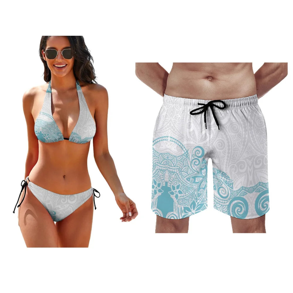 Matching Couple Hawaiian Swimwear Set – Tropical Bikini & Men’s Beach Shorts