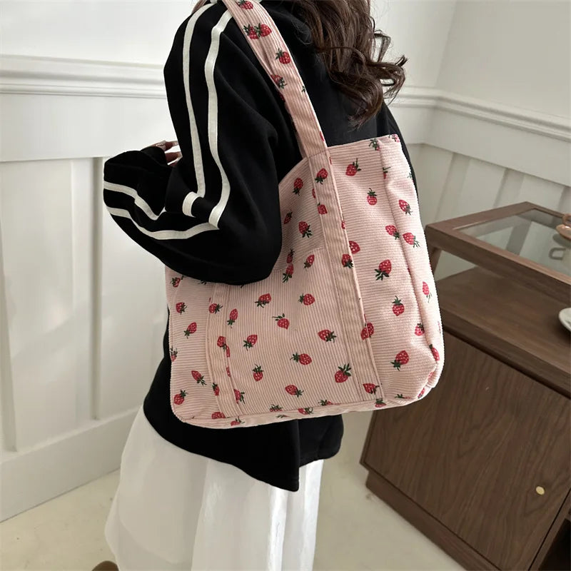 Cherry Print Canvas Tote Bag – Cute Aesthetic Shoulder Handbag for Women