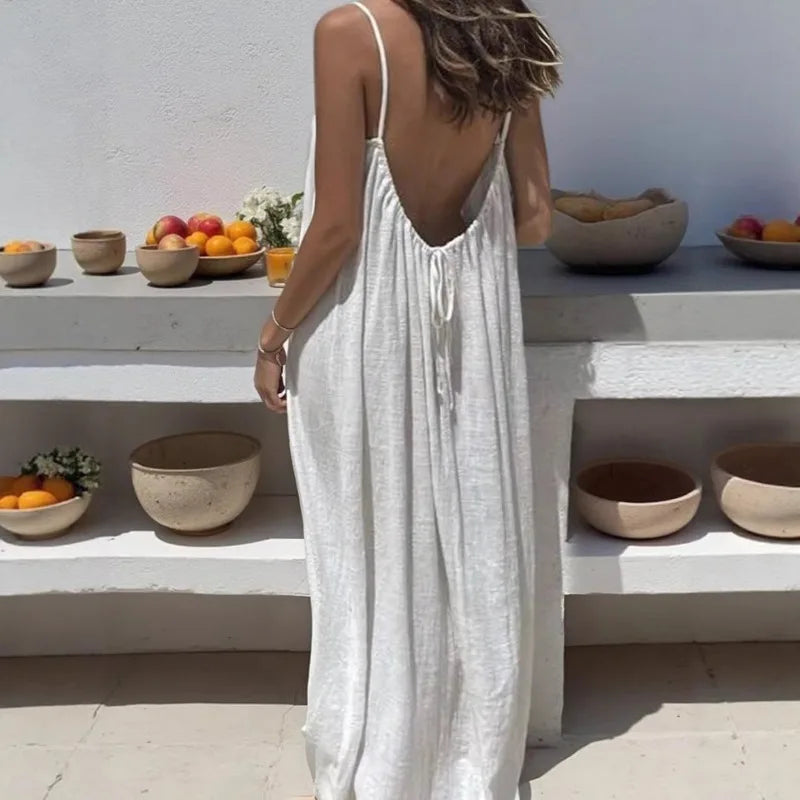 2026 Solid Color Vacation Cool Homewear Loose-Fit Spaghetti Strap Dress Women's Casual Homewear Summer Dress