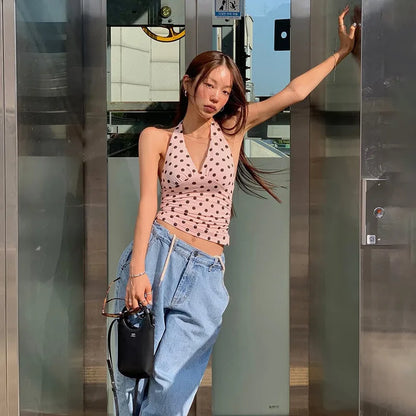 Polka Dots Tank Tops Women Sexy Low-Neck Off Shoulders Backless Street Fashion Versatile Style Ruched Elegant Outfits