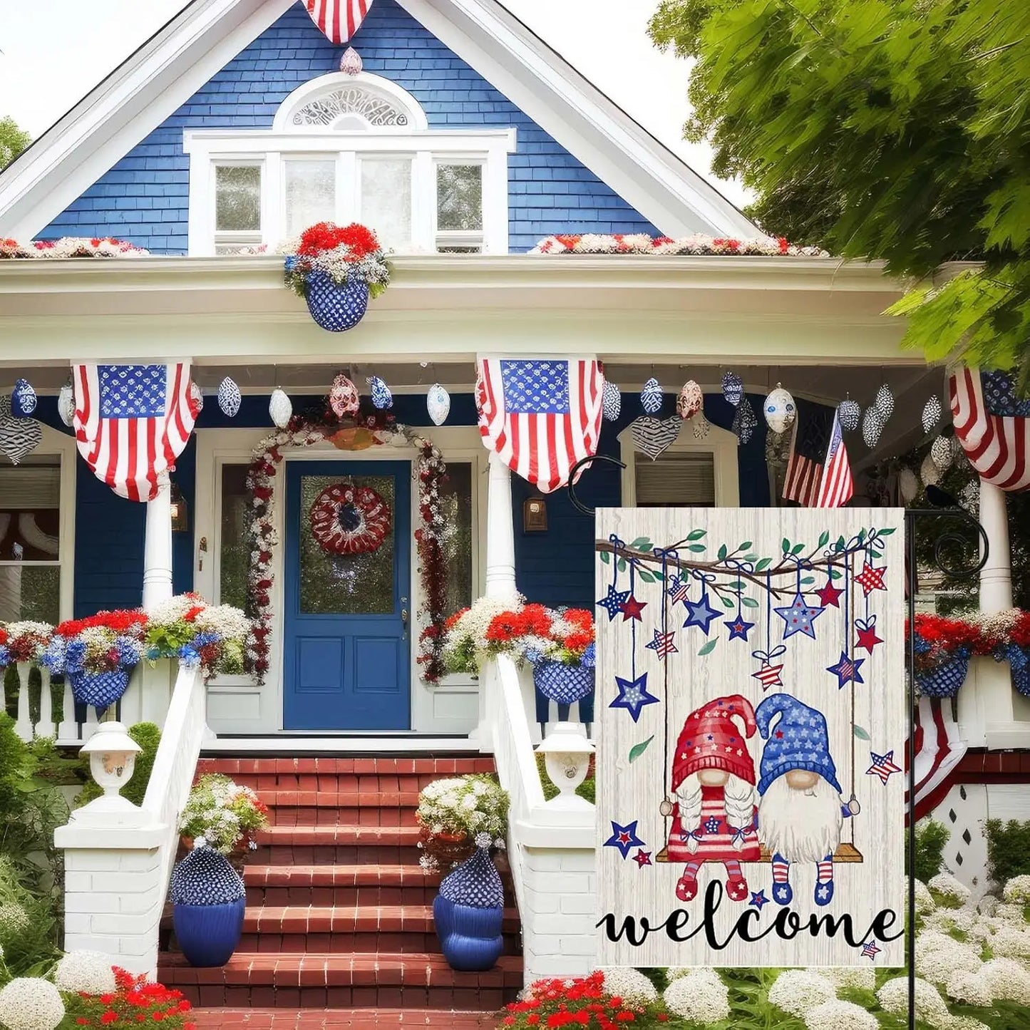 Welcome Tree Swing Gnomes Stars Patriotic America 4th of July Memorial Day Independence Day Garden Flag