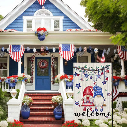 Welcome Tree Swing Gnomes Stars Patriotic America 4th of July Memorial Day Independence Day Garden Flag