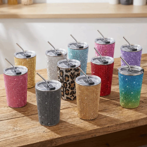 500ml Rhinestone Stainless Steel Water Bottle with Straw Luxury Sparkling Cup