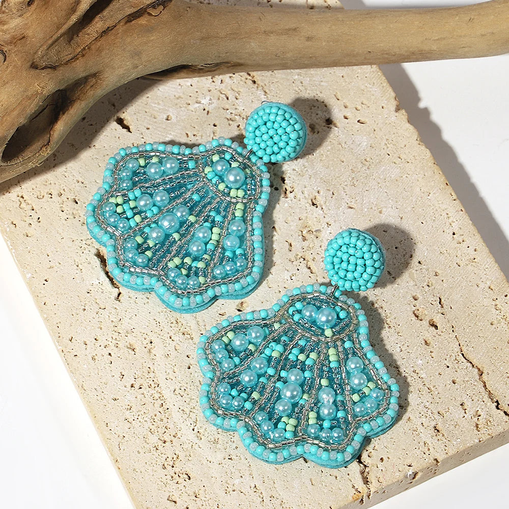 Boho Beach Statement Earrings – Handmade Beaded Starfish Seahorse Shell Drop Earrings for Women