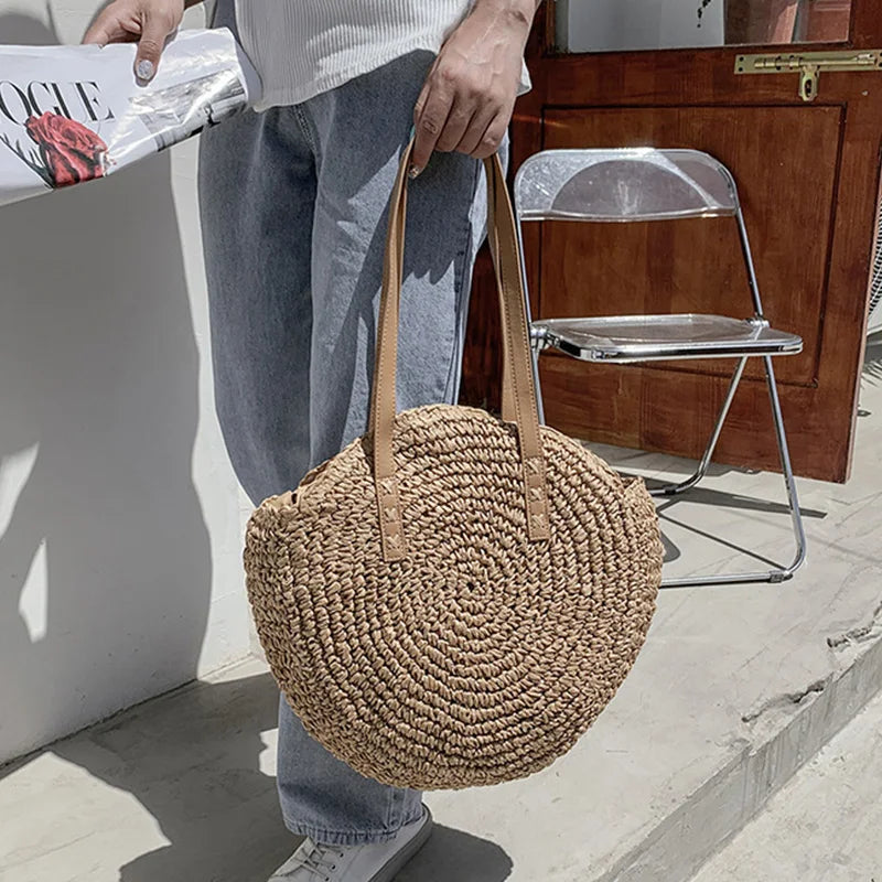 Boho Round Straw Tote Bag – Handmade Crochet Shoulder Beach Bag for Women