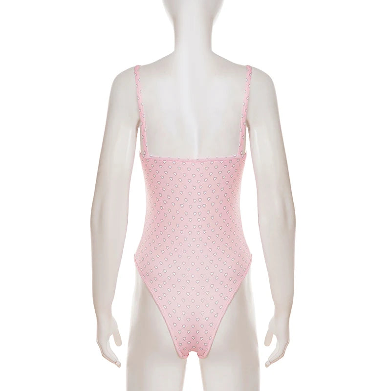 Sweet Sexy Heart Printed With Lace Up Skinny Bodysuits Hottie Holiday Beach Wearing One Piece Clothes Summer Sleeveless Clothes
