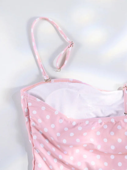 Pink Flower High Cut Bikini Women Push Up Swimsuit Retro Dot Print Summer Beachwear