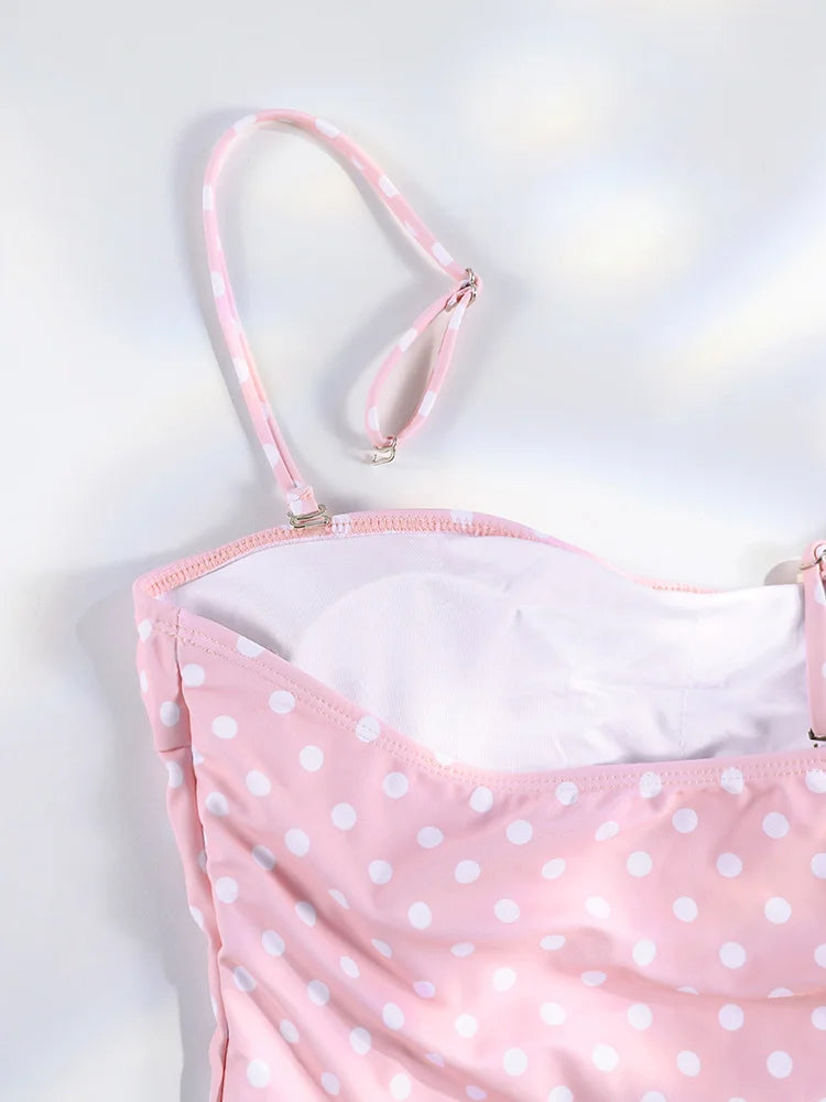 Pink Flower High Cut Bikini Women Push Up Swimsuit Retro Dot Print Summer Beachwear