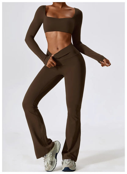 Sage Green Long Sleeve Crop Top & Flare Leggings Set