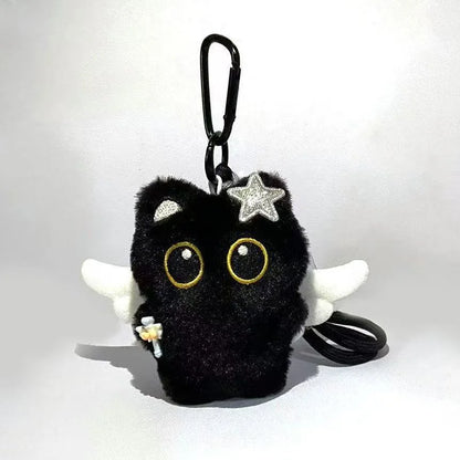 Cute Black Cat Plush Keychain – Kawaii Cartoon Bag Charm with Fish Toy