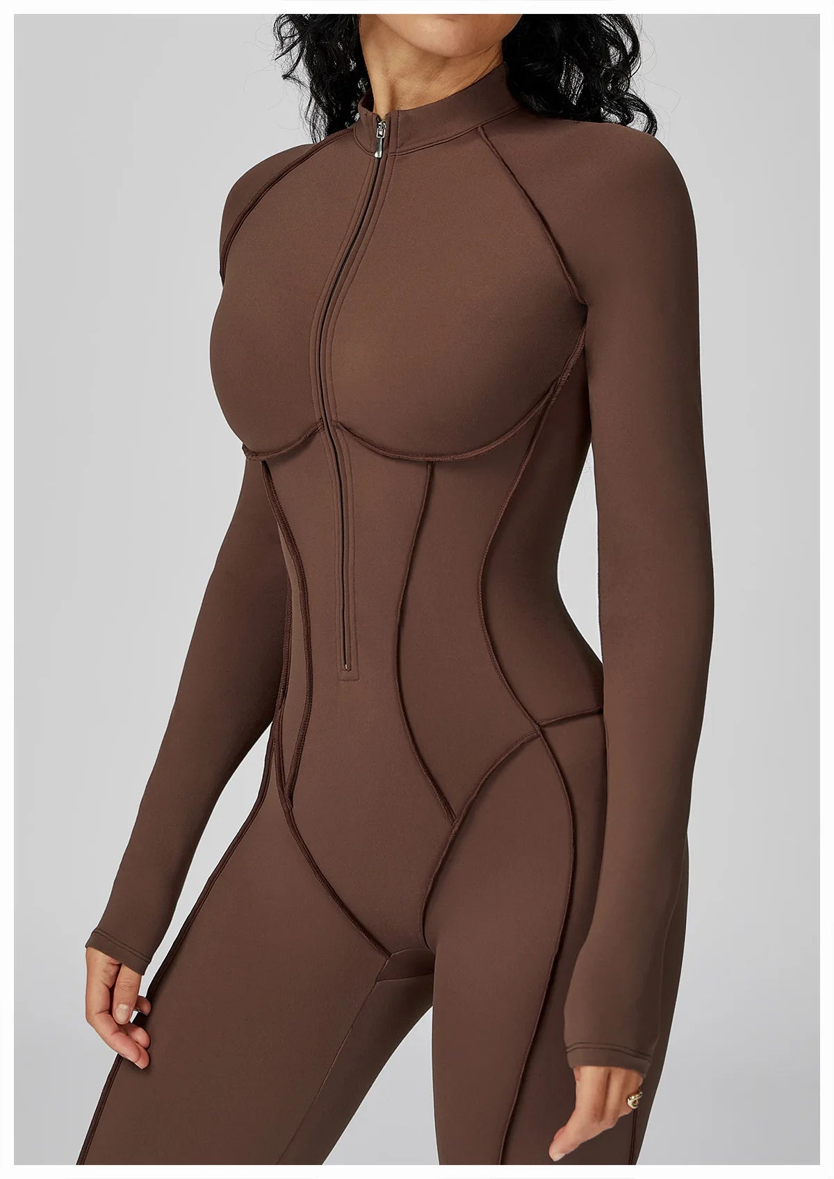 Chocolate Brown Sculpting Zip-Front Long Sleeve Jumpsuit