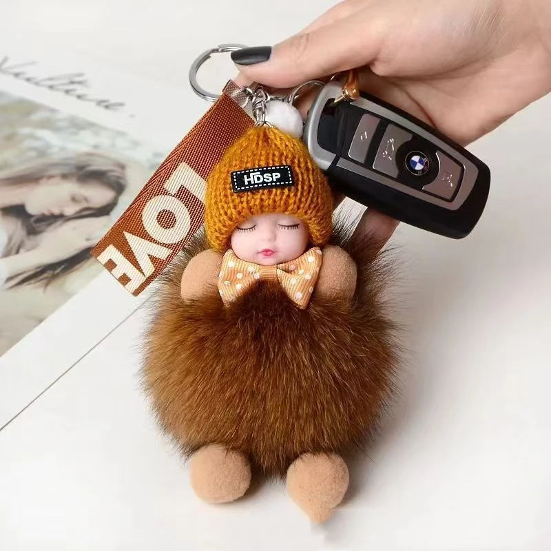 Cute Sleeping Baby Keychain – Fluffy Pom Pom Doll Bag Charm