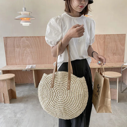 Boho Round Straw Tote Bag – Handmade Crochet Shoulder Beach Bag for Women