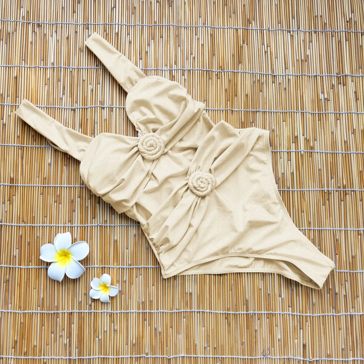 2026 White Flower One Piece Swimsuit Women Deep V Push Up Bandeau Beachwear