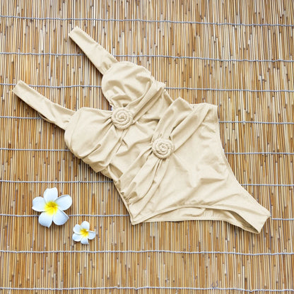 2026 White Flower One Piece Swimsuit Women Deep V Push Up Bandeau Beachwear