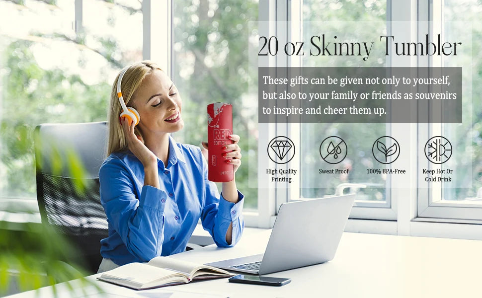 Energy Drink Slim Tumbler – 20oz Stainless Steel Cup with Straw & Lid